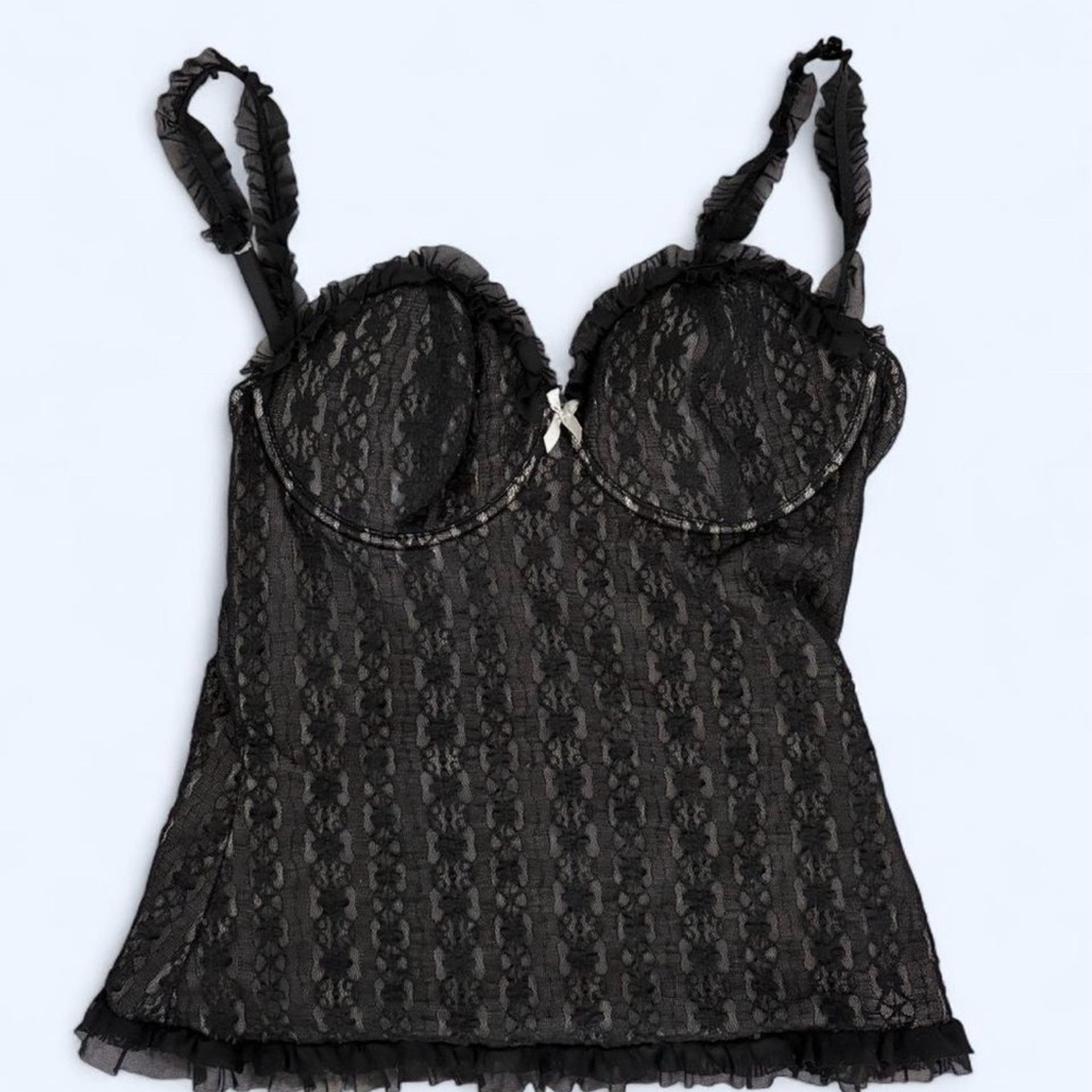 Secret Treasures Black Lace Bustier Camisole with Ruffle Straps